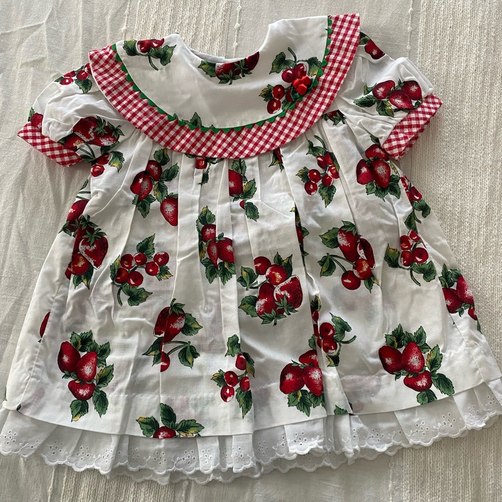 Vintage 18m strawberry and cherry Dress with Gingham and lace Accents
